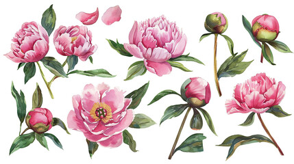 Generative ai watercolor set of pink peonies, buds, branches, green leaves and field branches with flowers