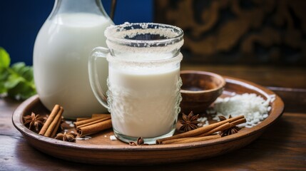 Close-up of traditional mexican horchata or agua fresca beverage, a refreshing rice-based drink