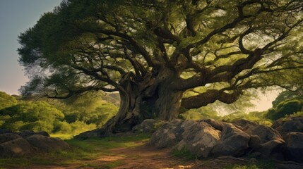 Fototapeta premium a large, majestic tree with lush branches and leaves. The tree stands in the middle of a green meadow.