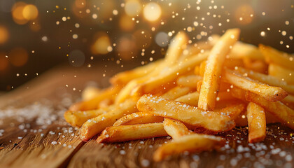 Closeup photo of golden crispy french fries with a sprinkle of salt on a wooden table, illuminated by a warm bokeh light for an appetizing fastfood snack - Powered by Adobe