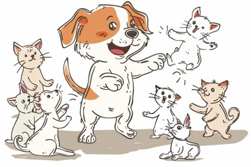 Cartoon cute doodles of a playful puppy performing tricks in front of a group of impressed kittens, Generative AI
