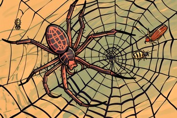 Obraz premium Cartoon cute doodles of a skillful spider weaving an intricate web, with insects gathering to marvel at its craftsmanship, Generative AI
