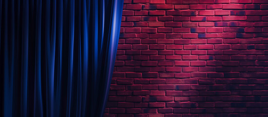 small stage concept with blue curtain and modern brick wall. theater or stand up comedy background