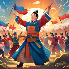 Scene of Genghis Khan celebrating his victory after his victory