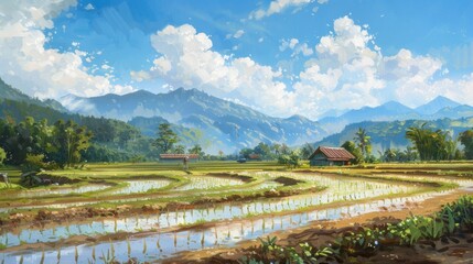 Fototapeta premium Rural landscape with rice cultivation