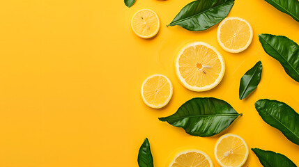 Flat lay of vibrant yellow background with lemon slices and leaves. Space for text, top view. Concept banner for summer fruits