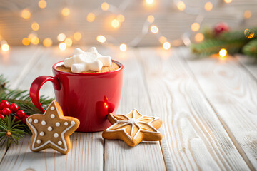 Red cup of winter hot drink with marshmallows and gingerbread star on a white wooden background. 