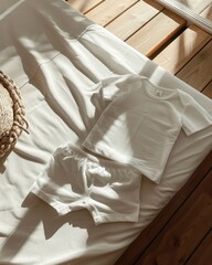 Hyper-Realistic Product Photo: White Baby Pajama Set on Light Wooden Boho Floor with Sunny Cozy Atmosphere（
