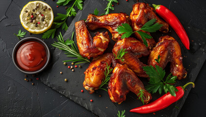 Enjoy a mouthwatering display of spicy glazed fried chicken garnished with fresh herbs, chili peppers, and a side of tangy sauce, artfully arranged to celebrate national fried chicken day
