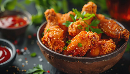 Crispy fried chicken pieces garnished with fresh herbs served in a rustic bowl, perfect for commemorating national fried chicken day or enjoying a comfort meal - Powered by Adobe