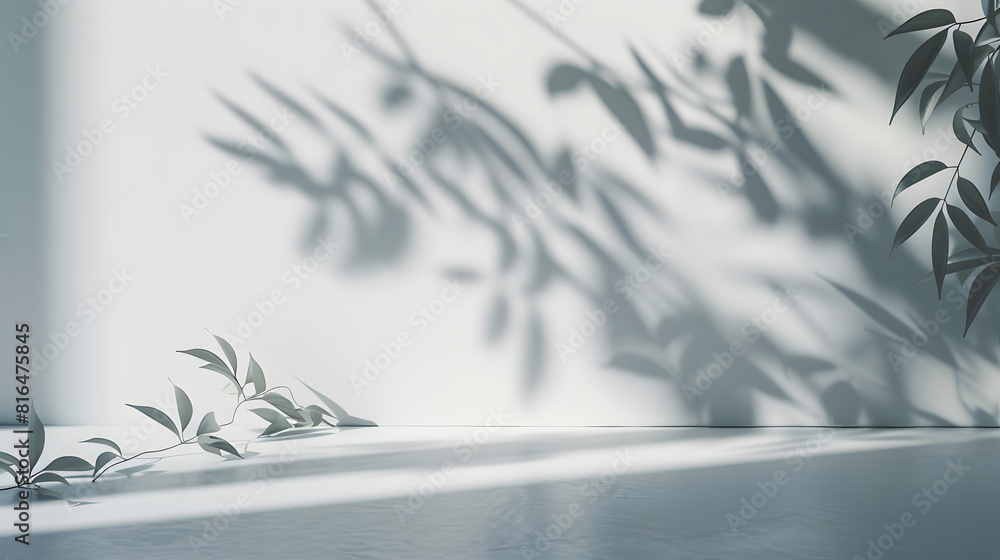 Poster minimalistic light background with blurred foliage shadow on a white wall beautiful background for p