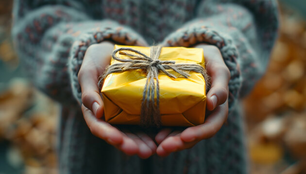 Closeup of hands displaying a beautifully wrapped gift, representing the generosity of national give something away day