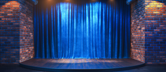 small stage concept with blue curtain and modern brick wall. theater or stand up comedy background