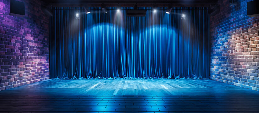 small stage concept with blue curtain and modern brick wall. theater or stand up comedy background