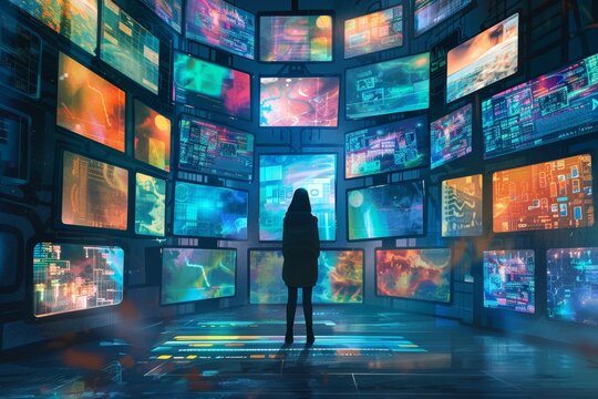 A person standing in front of an array of television screens, looking at the screens with various images and colors floating around them, representing digital media marketing.