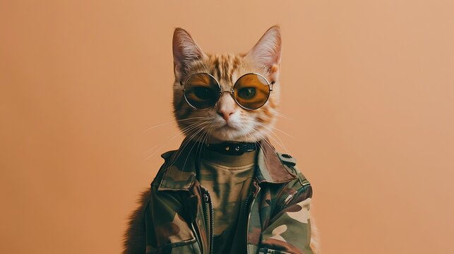 A stylish Cat in round sunglasses and a military style t shirt sits on a beige background