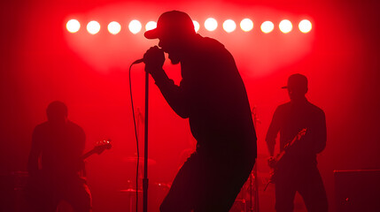 Silhouette of rap band performing on concert stage in bright red lights Unrecognizable young rapper singing on concert : Generative AI