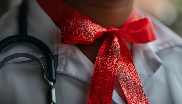Closeup image of a healthcare worker wearing a red ribbon tie, symbolizing solidarity and support for national hiv testing day awareness and the fight against hiv aids