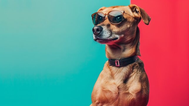 brown dog being cool evil and stylish while sitting on colored background
