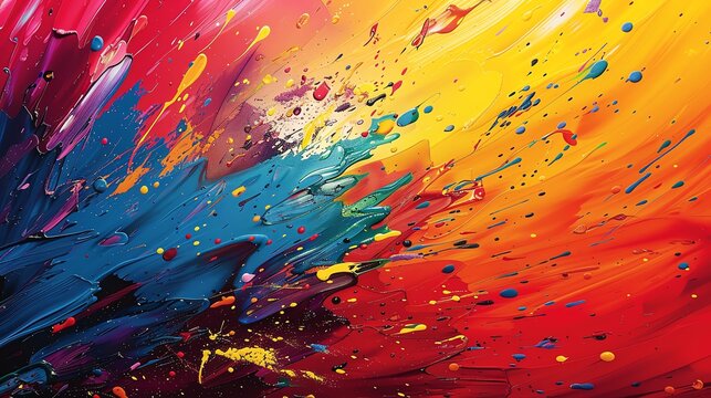 Chaotic splash of vibrant colors, abstract paint splatters and dynamic brush strokes