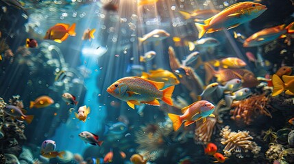 Naklejka premium banner background of Fintastic Friday theme banner design for microstock, no text, and wide copy space, [A close-up of a ray's mouth and teeth, highlighting its feeding behavior]