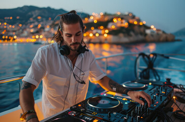an attractive male DJ with long hair and short beard, wearing headphones behind the turntables performing on top deck of modern yacht at night overlooking French Riviera.