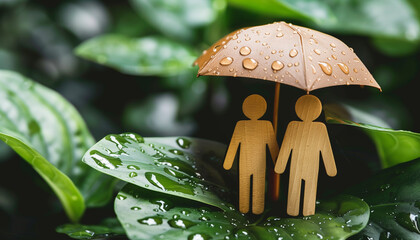 In celebration of national insurance awareness day, this image illustrates the concept of protection with two wooden figures under a miniature umbrella amidst raindrops on vibrant green leaves