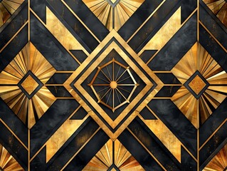 Geometric art deco pattern, gold and black with elegant, symmetrical designs