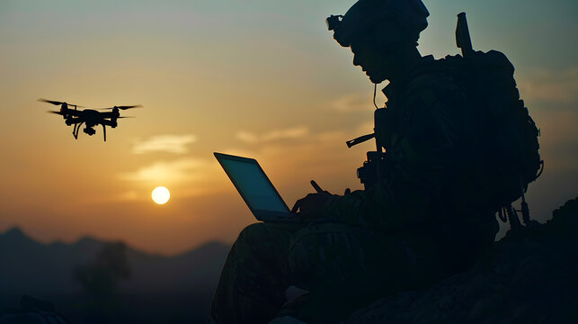 Silhouette of soldier are using drone and laptop computer for scouting during military operation : Generative AI