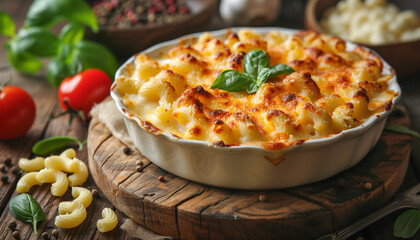 Delicious serving of baked macaroni and cheese, garnished with fresh basil, presented in a white ceramic dish on a wooden table, with raw ingredients in the background