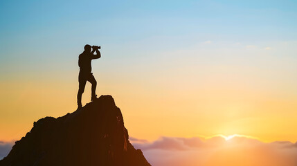 vision for success ideas businessmans perspective for future planning Silhouette of man holding binoculars on mountain peak against bright sunlight sky background : Generative AI