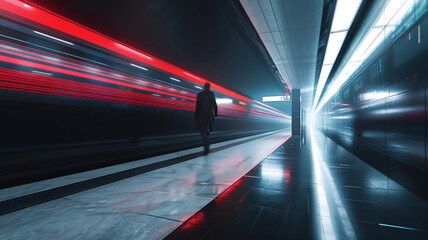 Passenger at modern train station with blurred train passing , Picutre in minimal style .