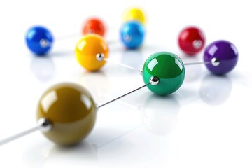Obraz premium 3D illustration of multicolored spheres connected by white lines on a reflective surface symbolizing network or connectivity
