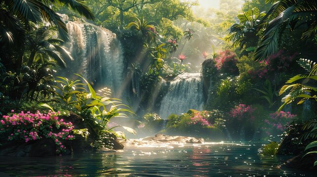 Lush tropical rainforest with cascading waterfalls, vibrant greenery and exotic birds