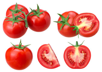 bunch of fresh red tomatoes, half and slices tomatoes isolated, transparent PNG, PNG format, cut out, collection, set