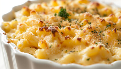 Closeup photo of a freshly baked macaroni and cheese with a goldenbrown crust, topped with herbs, in honor of national mac and cheese day
