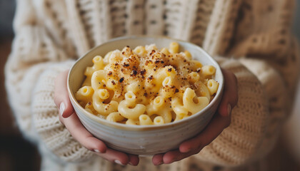 Closeup image of a person holding a bowl of creamy macaroni and cheese, garnished with pepper, celebrating national mac and cheese day, exemplifying comfort food at its finest