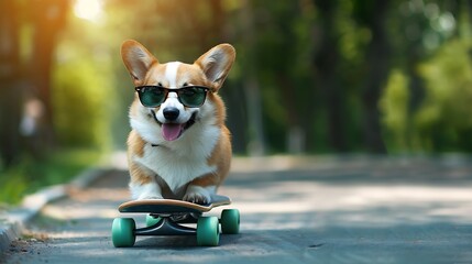 portrait cute corgi dog puppy riding on a board skateboarding in a summer sunny park walking in a sunny park in fashionable sunglasses