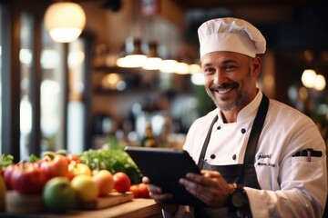 Restaurant male chef order groceries using digital tablet