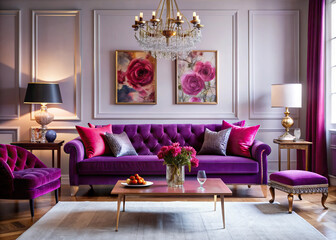 A contemporary living room arrangement highlighting a luxurious purple sofa and touches of viva magenta, pink, and red to create a romantic ambiance.