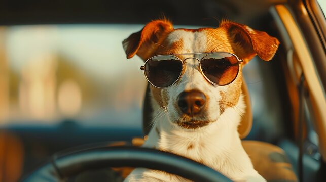 Portrait of a funny dog Jack Russell Terrier in sunglasses behind the wheel of a car