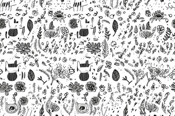 Minimalist Line Art Seamless Pattern with Playful Cats in Botanical Garden