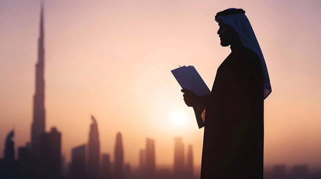 Silhouette of arabian businessman holding document file : Generative AI