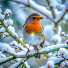 Fototapeta premium European robin in a snowy oak forest on a cold winter day with the first light of day