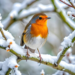 European robin in a snowy oak forest on a cold winter day with the first light of day