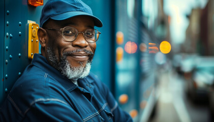 Cheerful senior postal worker with a friendly smile poses for a portrait against his blue delivery truck on national postal worker day, showcasing the human face of daily mail service