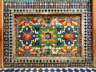 Traditional Moroccan tile pattern, rich colors and intricate details with a cultural flair