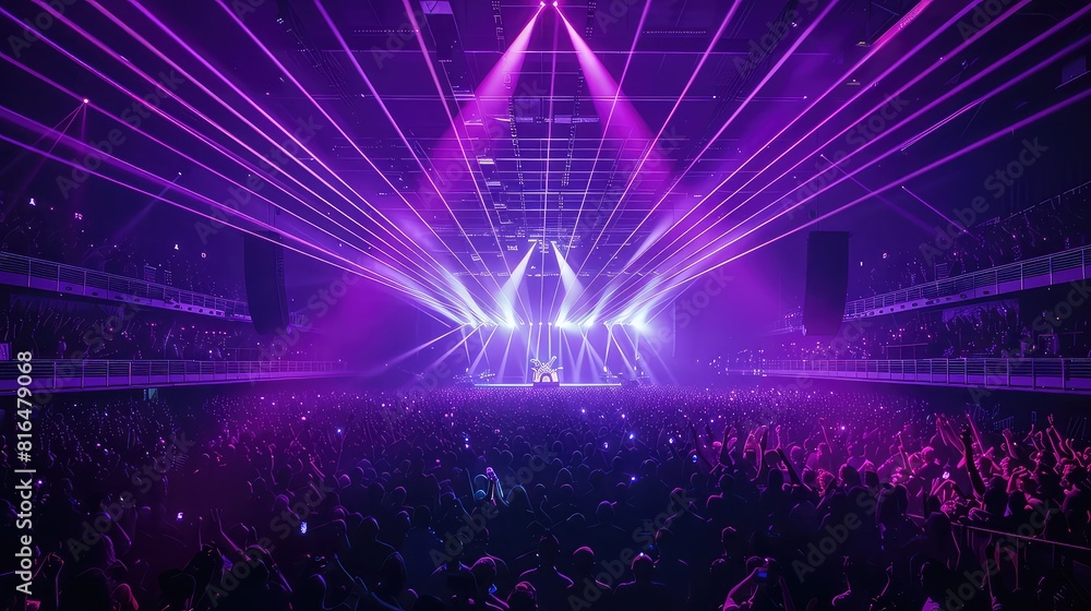 Poster a captivating shot of an arena concert with a central stage illuminated by vibrant purple lasers, wh