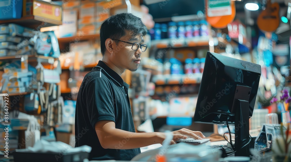 Poster dedicated store owner ensures seamless operations while managing calls and stock levels.