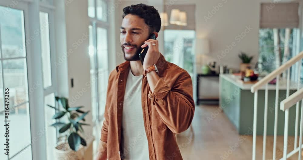 Aufkleber home, phone call and man with smile, communication and connection with network, discussion and talki